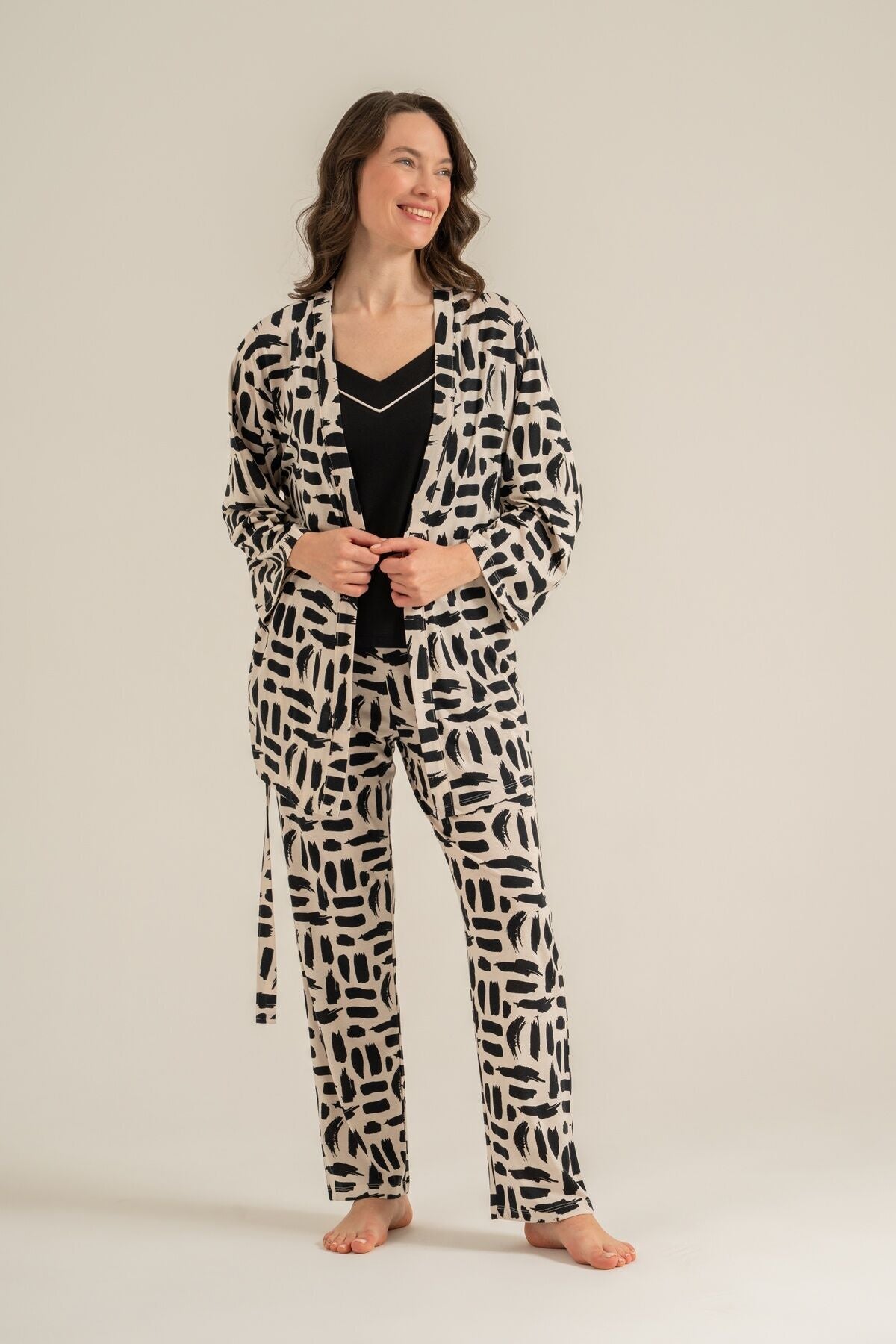 Pierre Cardin Kadın Sabahlıklı 3'lü Pijama Takımı - Siyah-krem Desenli