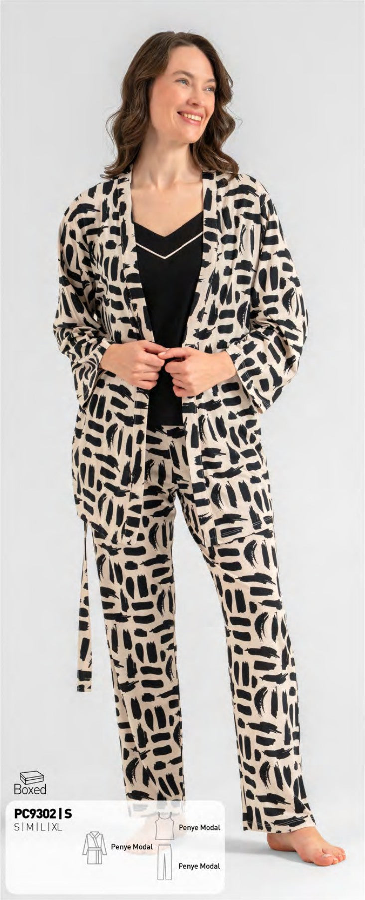 Pierre Cardin Kadın Sabahlıklı 3'lü Pijama Takımı - Siyah-krem Desenli