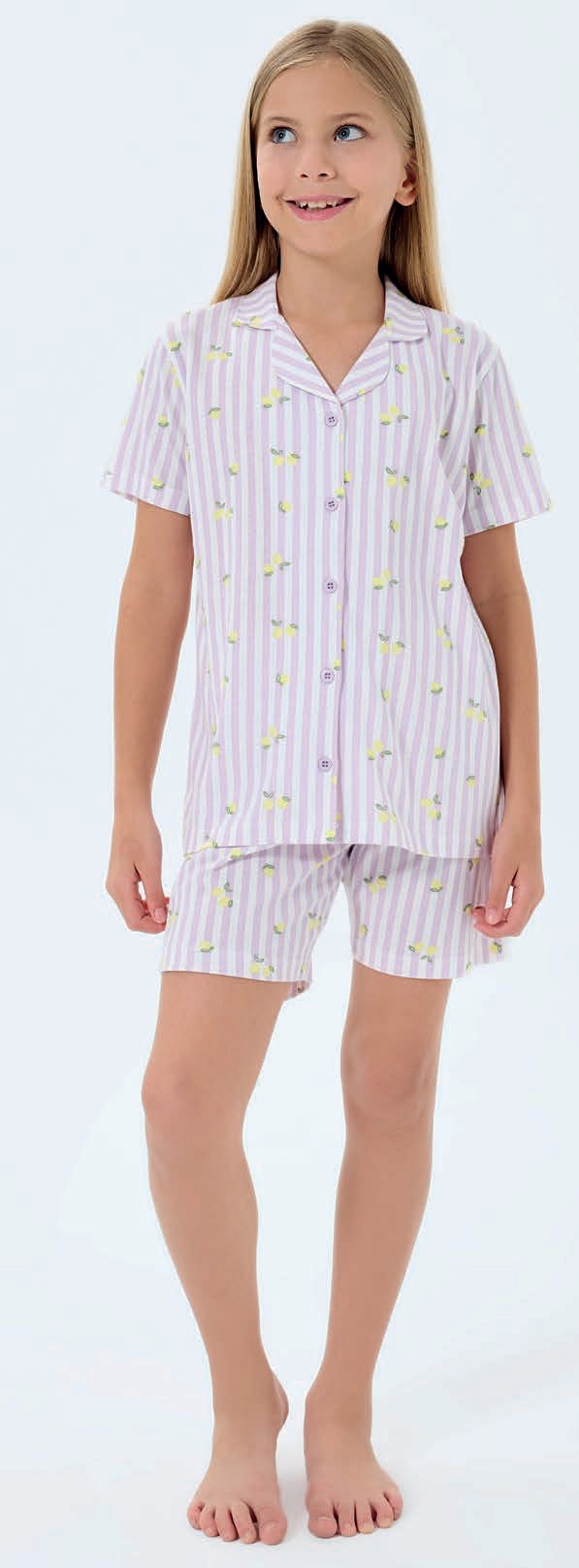 RolyPoly Kız Çocuk 2-8 Yaş Gömlek Yaka Şortlu Pijama Takımı - Lila Çizgili