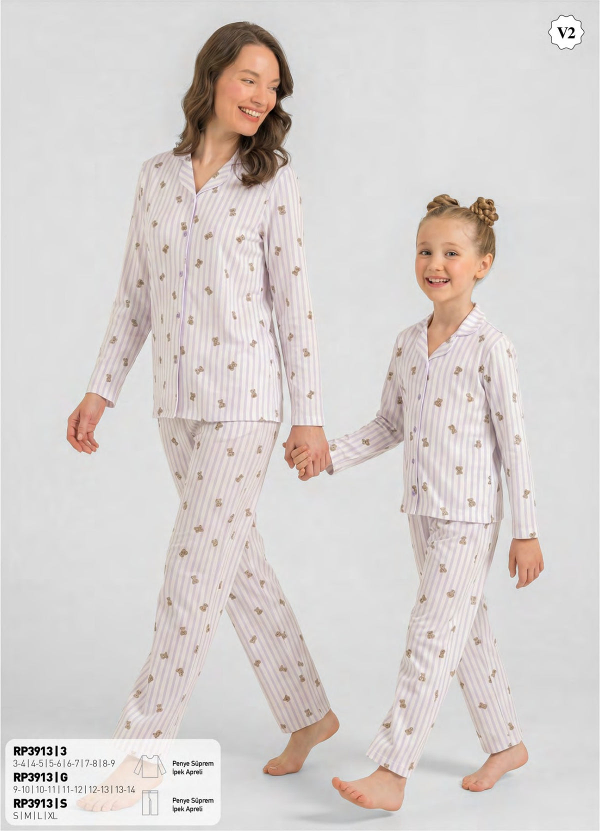 RolyPoly Kız Çocuk 3-9 Yaş Gömlek Yaka Önden Düğmeli Pijama Takımı - Lila Çizgili